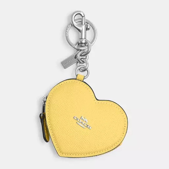 Coach Retro Yellow & Silver Leather Zip Heart Coin Case Bag Charm New - Picture 1 of 9